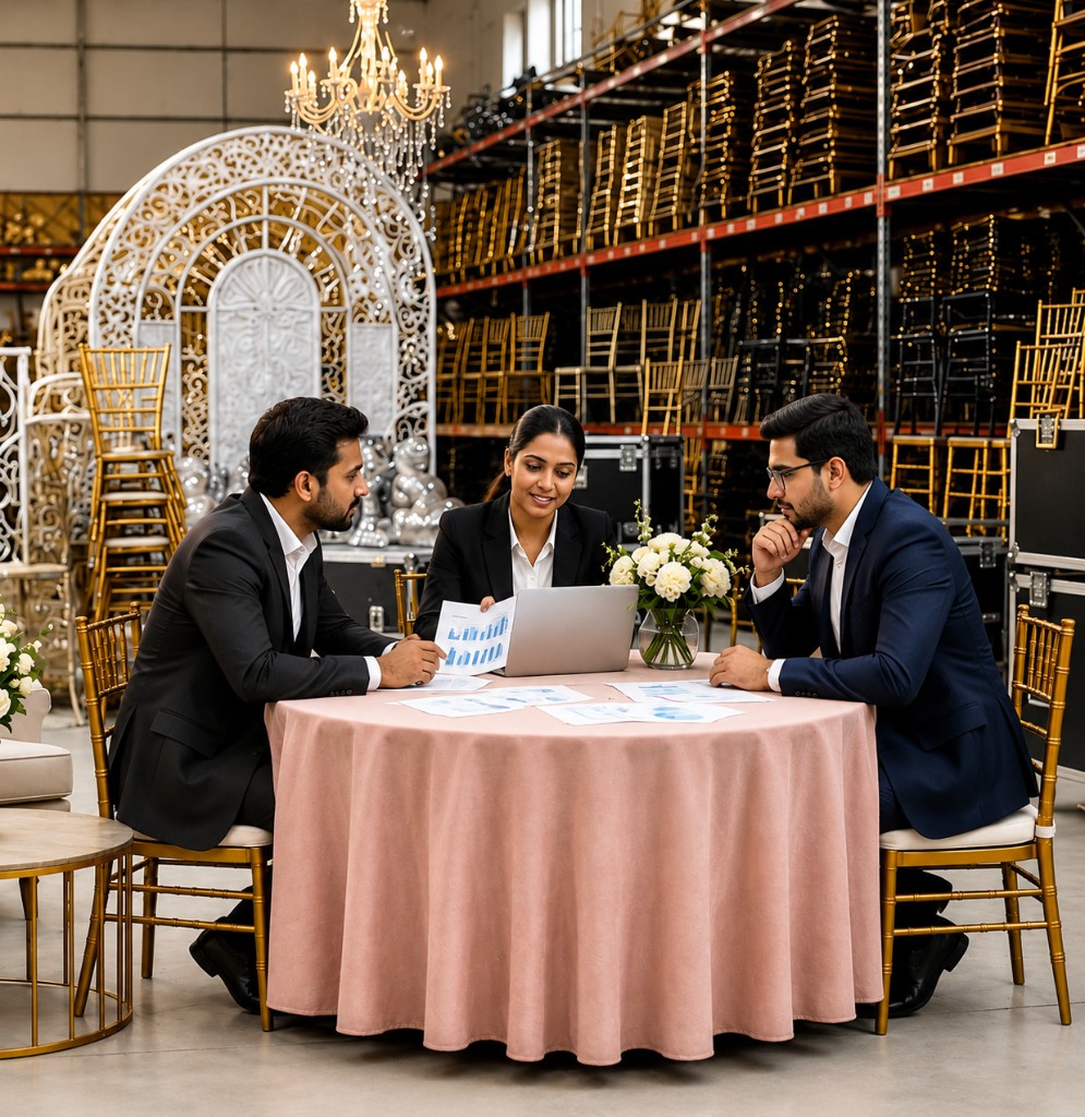 EMH team collaborating in an event materials warehouse with Chiavari chairs and décor inventory